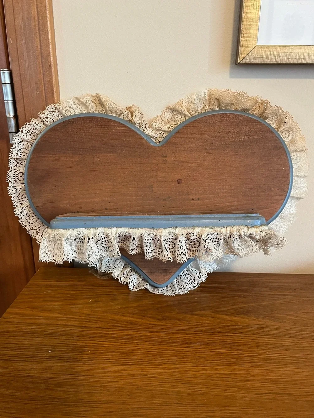 Wooden Heart Shape Shelf with Blue Trim and White Lace